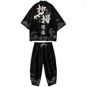 Black Japanese Crane Mens Two-Piece Kimono Yukata Top & Pants Sets-Enchanted peach