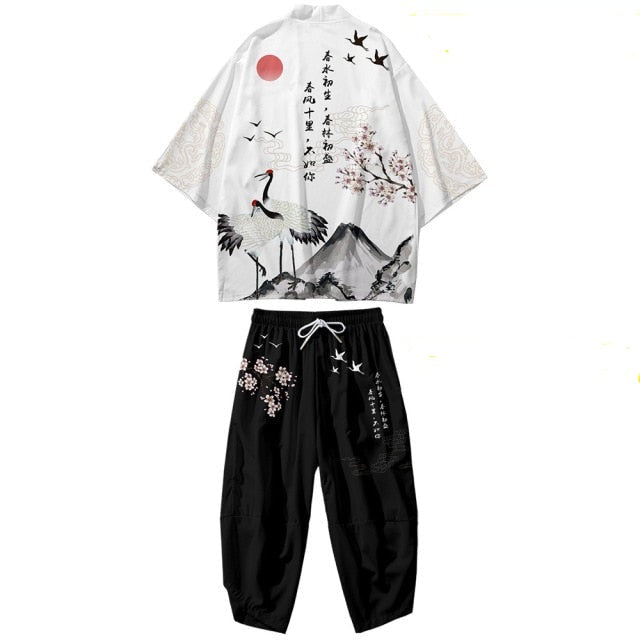 Black Japanese Crane Mens Two-Piece Kimono Yukata Top & Pants Sets-Enchanted peach