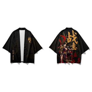 Black Japanese Female Fighter Mens Two-Piece Kimono Yukata Top & Pants Sets-Enchanted peach