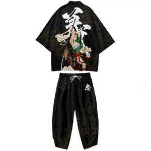 Black Japanese Female Fighter Mens Two-Piece Kimono Yukata Top & Pants Sets-Enchanted peach