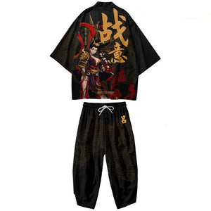 Black Japanese Female Fighter Mens Two-Piece Kimono Yukata Top & Pants Sets-Enchanted peach