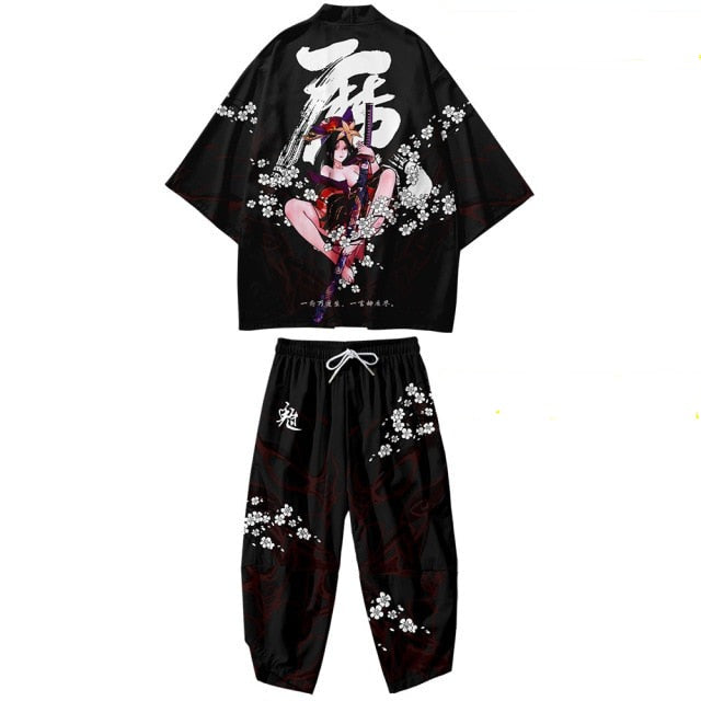 Black Japanese Female Fighter Mens Two-Piece Kimono Yukata Top & Pants Sets-Enchanted peach