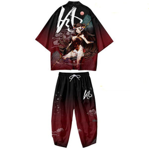 Black Japanese Female Fighter Mens Two-Piece Kimono Yukata Top & Pants Sets-Enchanted peach