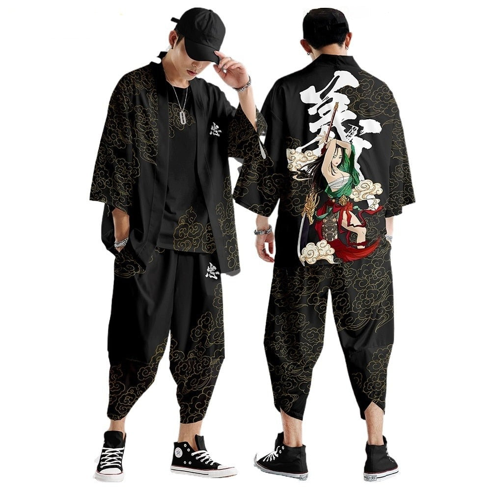 Black Japanese Female Fighter Mens Two-Piece Kimono Yukata Top & Pants Sets-Enchanted peach