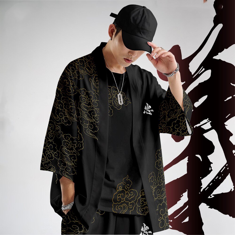 Black Japanese Female Fighter Mens Two-Piece Kimono Yukata Top & Pants Sets-Enchanted peach