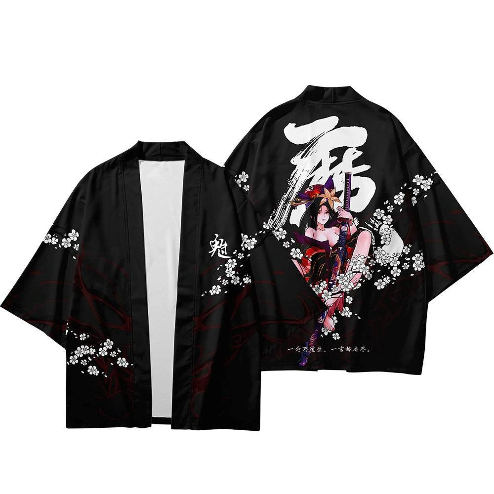 Black Japanese Female Fighter Mens Two-Piece Kimono Yukata Top & Pants Sets-Enchanted peach