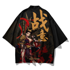 Black Japanese Female Fighter Mens Two-Piece Kimono Yukata Top & Pants Sets-Enchanted peach