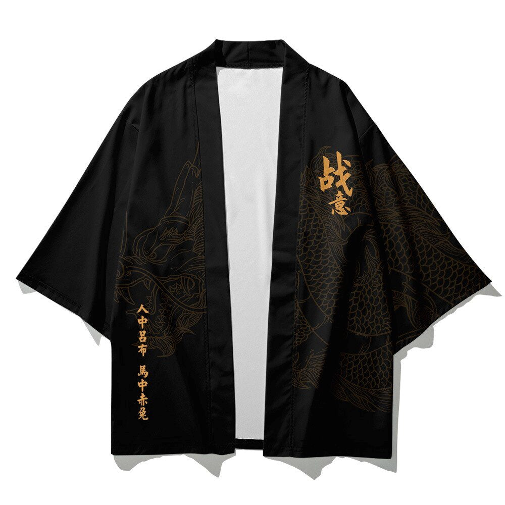 Black Japanese Female Fighter Mens Two-Piece Kimono Yukata Top & Pants Sets-Enchanted peach