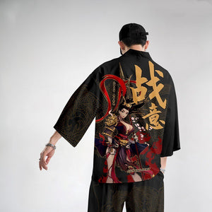 Black Japanese Female Fighter Mens Two-Piece Kimono Yukata Top & Pants Sets-Enchanted peach