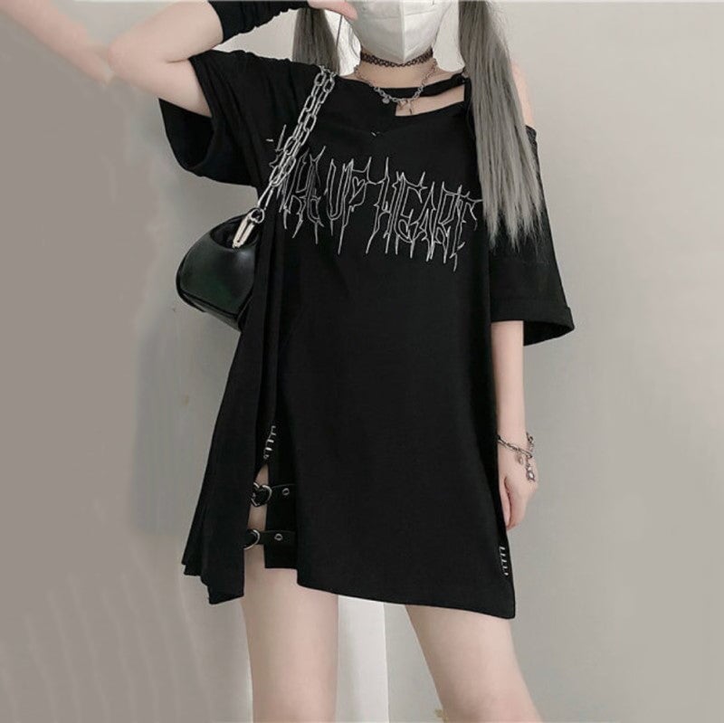 Black 'Make Up Heart' Punk Women's Oversized Tee-Enchanted peach