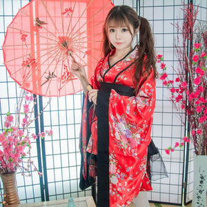 Black Red Japanese Kimono Floral Pattern Short Robe-Enchanted peach