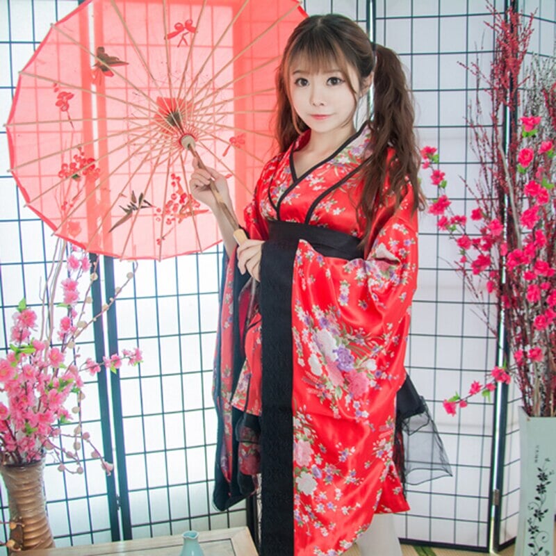 Black Red Japanese Kimono Floral Pattern Short Robe-Enchanted peach