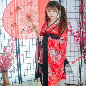 Black Red Japanese Kimono Floral Pattern Short Robe-Enchanted peach