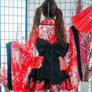 Black Red Japanese Kimono Floral Pattern Short Robe-Enchanted peach