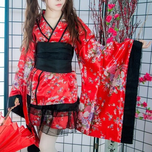 Black Red Japanese Kimono Floral Pattern Short Robe-Enchanted peach