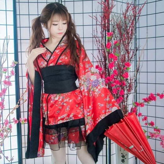 Black Red Japanese Kimono Floral Pattern Short Robe-Enchanted peach