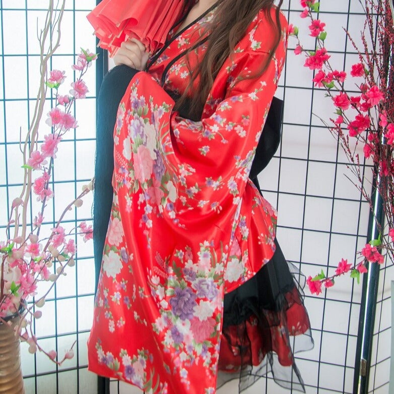 Black Red Japanese Kimono Floral Pattern Short Robe-Enchanted peach