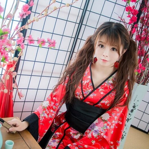 Black Red Japanese Kimono Floral Pattern Short Robe-Enchanted peach