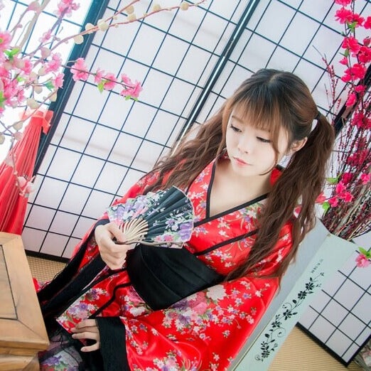 Black Red Japanese Kimono Floral Pattern Short Robe-Enchanted peach