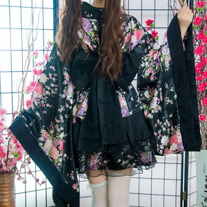 Black Red Japanese Kimono Floral Pattern Short Robe-Enchanted peach