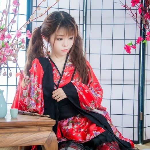 Black Red Japanese Kimono Floral Pattern Short Robe-Enchanted peach