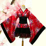 Black Red Japanese Kimono Floral Pattern Short Robe-Enchanted peach