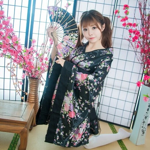 Black Red Japanese Kimono Floral Pattern Short Robe-Enchanted peach