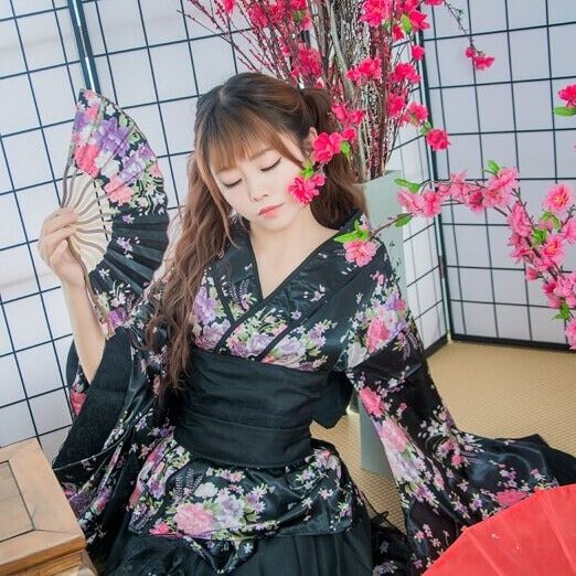 Black Red Japanese Kimono Floral Pattern Short Robe-Enchanted peach