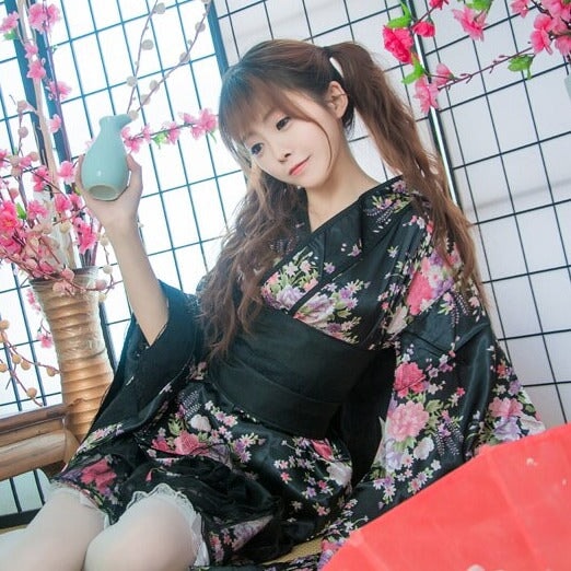 Black Red Japanese Kimono Floral Pattern Short Robe-Enchanted peach