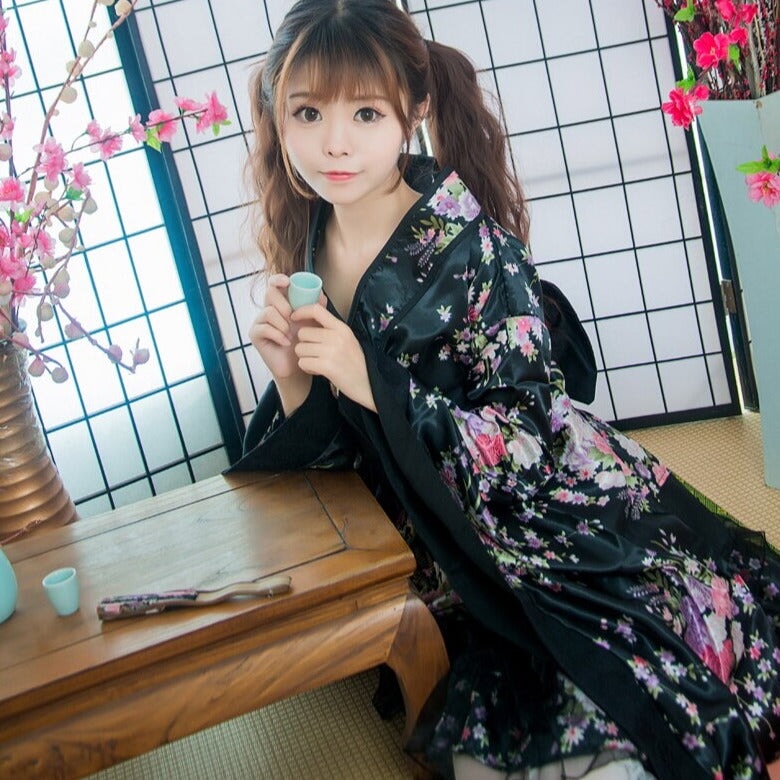 Black Red Japanese Kimono Floral Pattern Short Robe-Enchanted peach