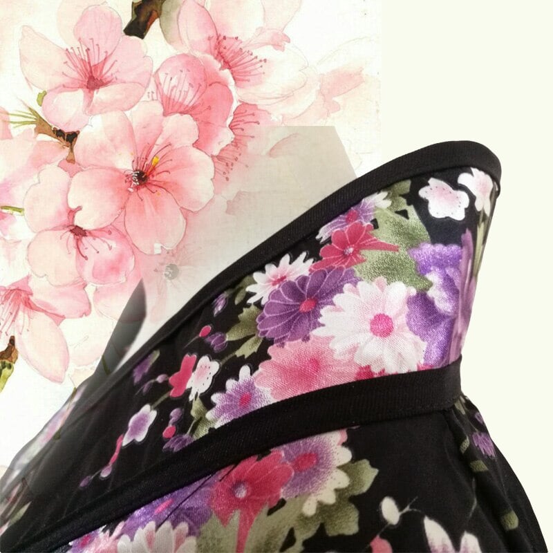 Black Red Japanese Kimono Floral Pattern Short Robe-Enchanted peach