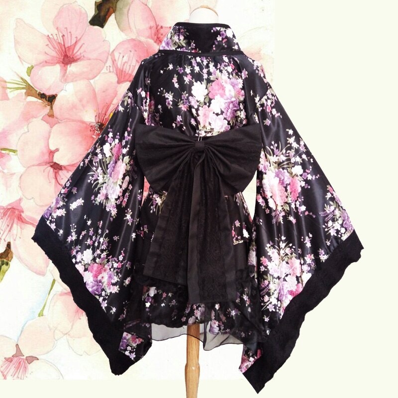 Black Red Japanese Kimono Floral Pattern Short Robe-Enchanted peach