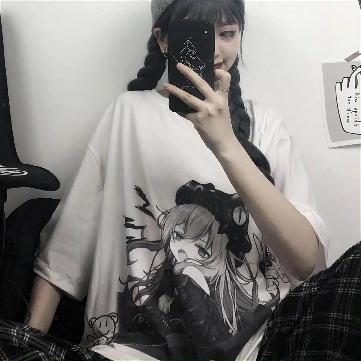 Black & White Anime Girl Bear Tee-Enchanted peach