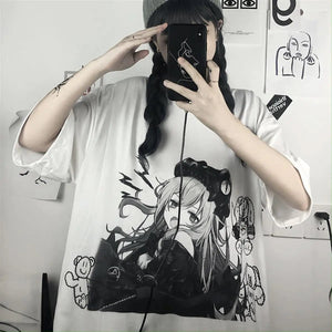 Black & White Anime Girl Bear Tee-Enchanted peach