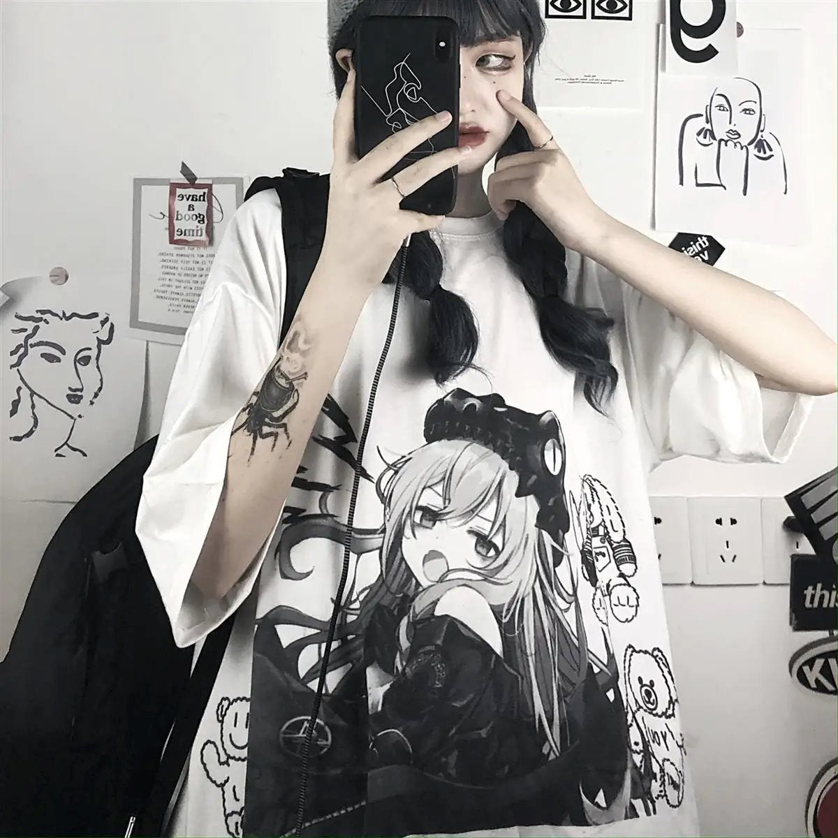 Black & White Anime Girl Bear Tee-Enchanted peach