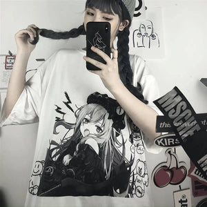 Black & White Anime Girl Bear Tee-Enchanted peach