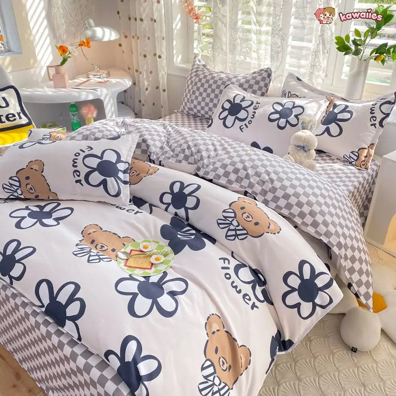 Blue Checked Bear Orange Dog Bedding Sets-Enchanted peach