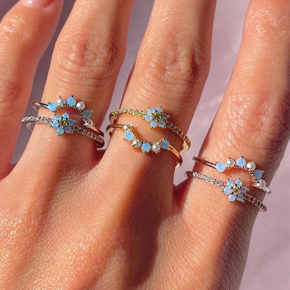 Blue Flower Beaded Gold-plated Rings-Enchanted peach