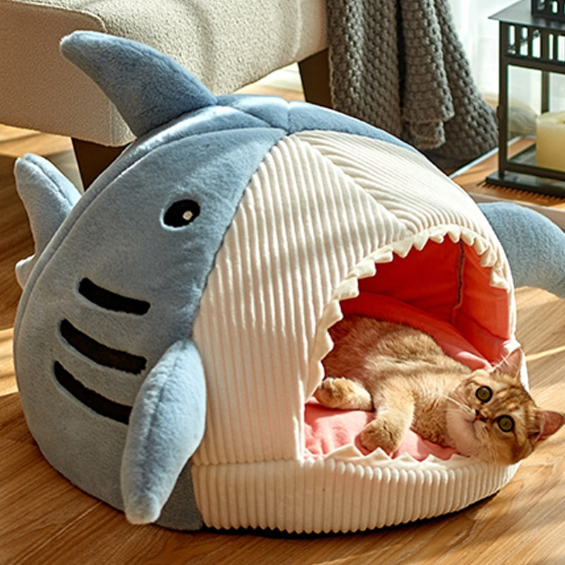 Blue Gray Shark Cat Dog Pet Bed House Hideout-Enchanted peach