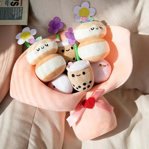 Boba Bubble Tea Flower Bouquet Plushie-Enchanted peach