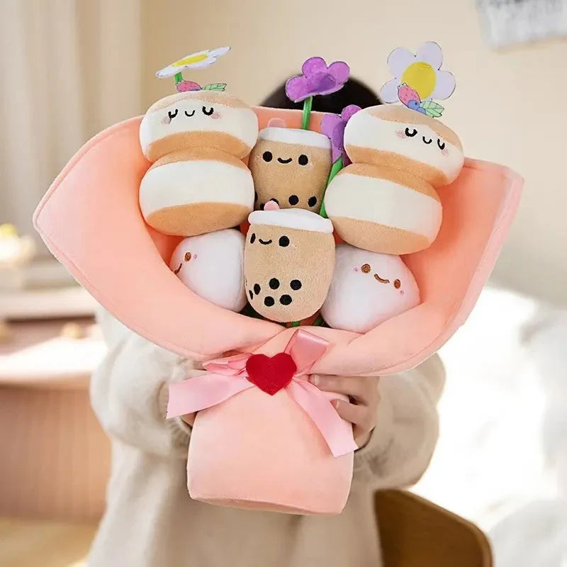 Boba Bubble Tea Flower Bouquet Plushie-Enchanted peach