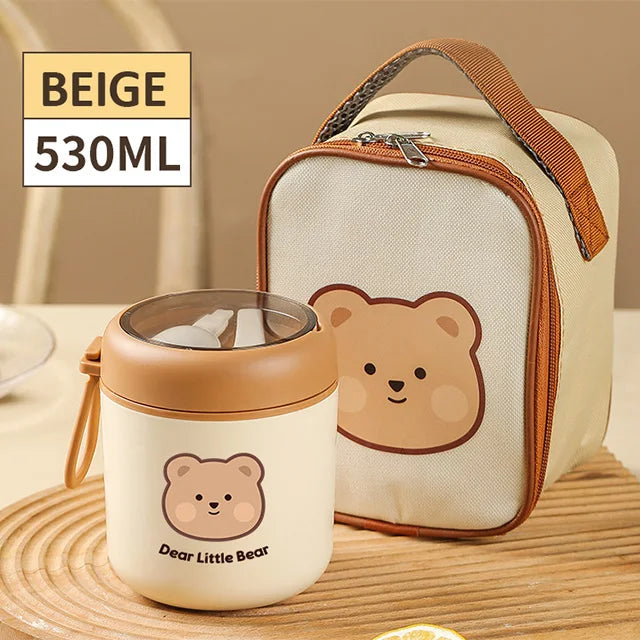 Brown Bear Lunch Bag and Stainless Steel Thermal Bento Box-Enchanted peach