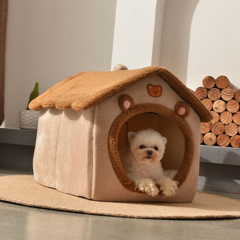 Brown Bear Soft Cat Dog Pet House Kennel-Enchanted peach