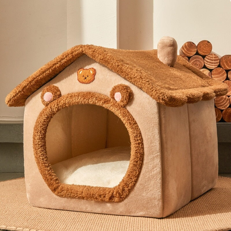 Brown Bear Soft Cat Dog Pet House Kennel-Enchanted peach