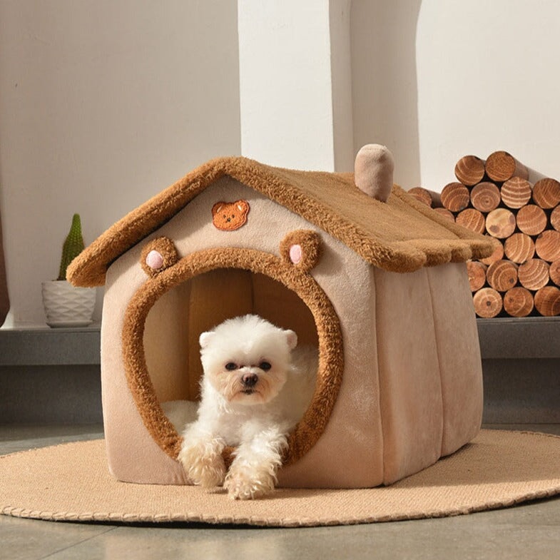 Brown Bear Soft Cat Dog Pet House Kennel-Enchanted peach