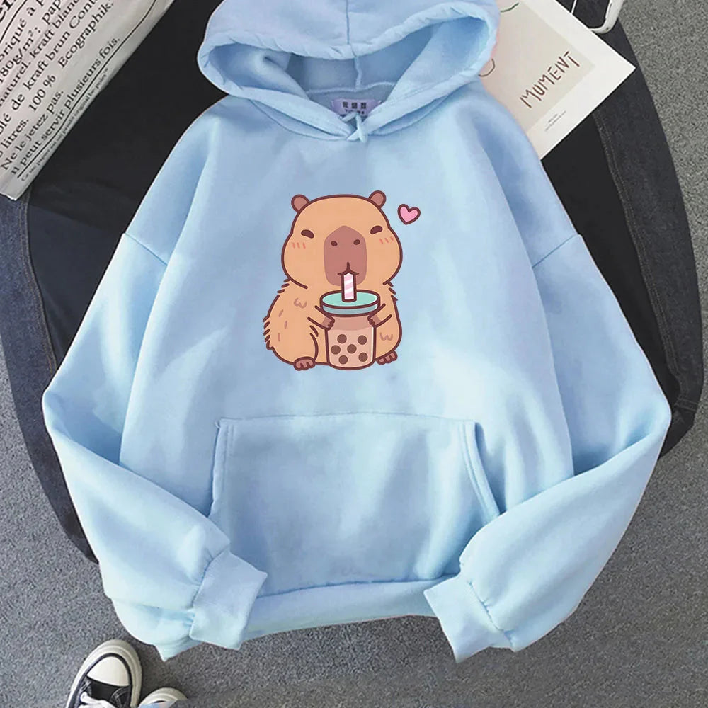 Capybara Drinking Bubble Tea Unisex Hoodie-Enchanted peach