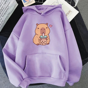 Capybara Drinking Bubble Tea Unisex Hoodie-Enchanted peach