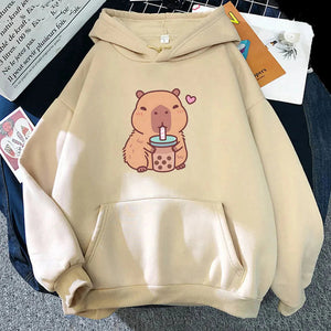 Capybara Drinking Bubble Tea Unisex Hoodie-Enchanted peach