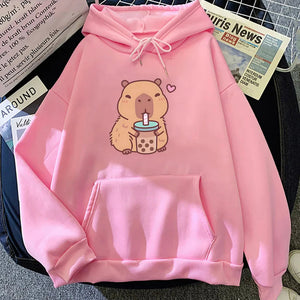 Capybara Drinking Bubble Tea Unisex Hoodie-Enchanted peach