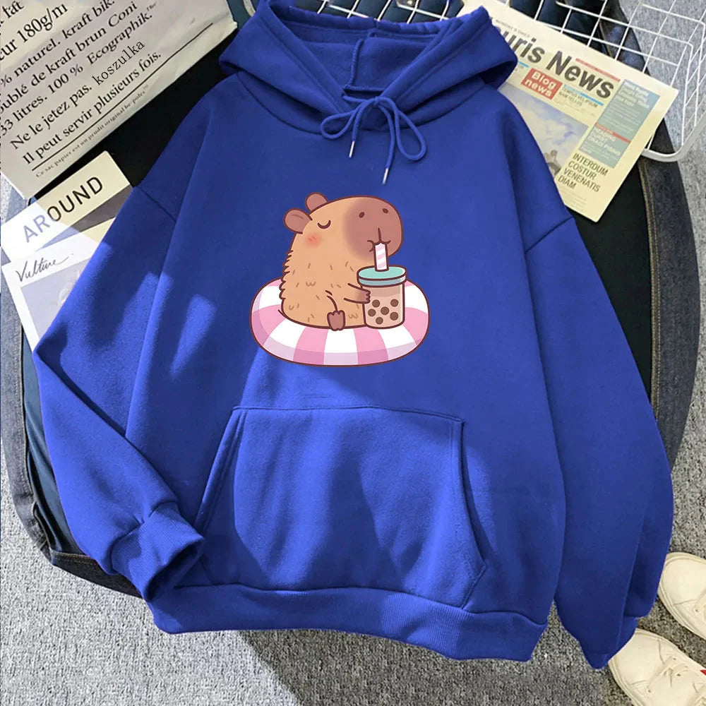 Capybara Floating & Sipping Bubble Tea Unisex Hoodie-Enchanted peach